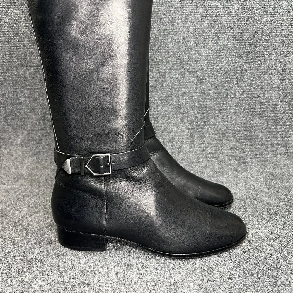 Via Spiga Tall Riding Boots Women's Size 7.5 Black Leather Buckle Knee High Boot